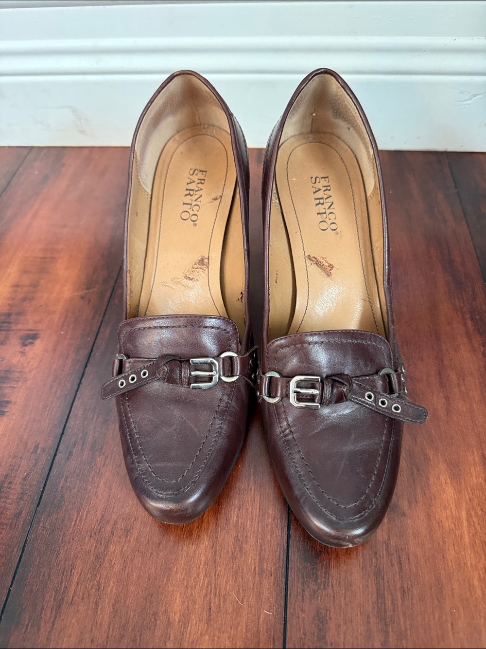 Franco Sarto Dark Brown Leather Loafers with Buckle Accent